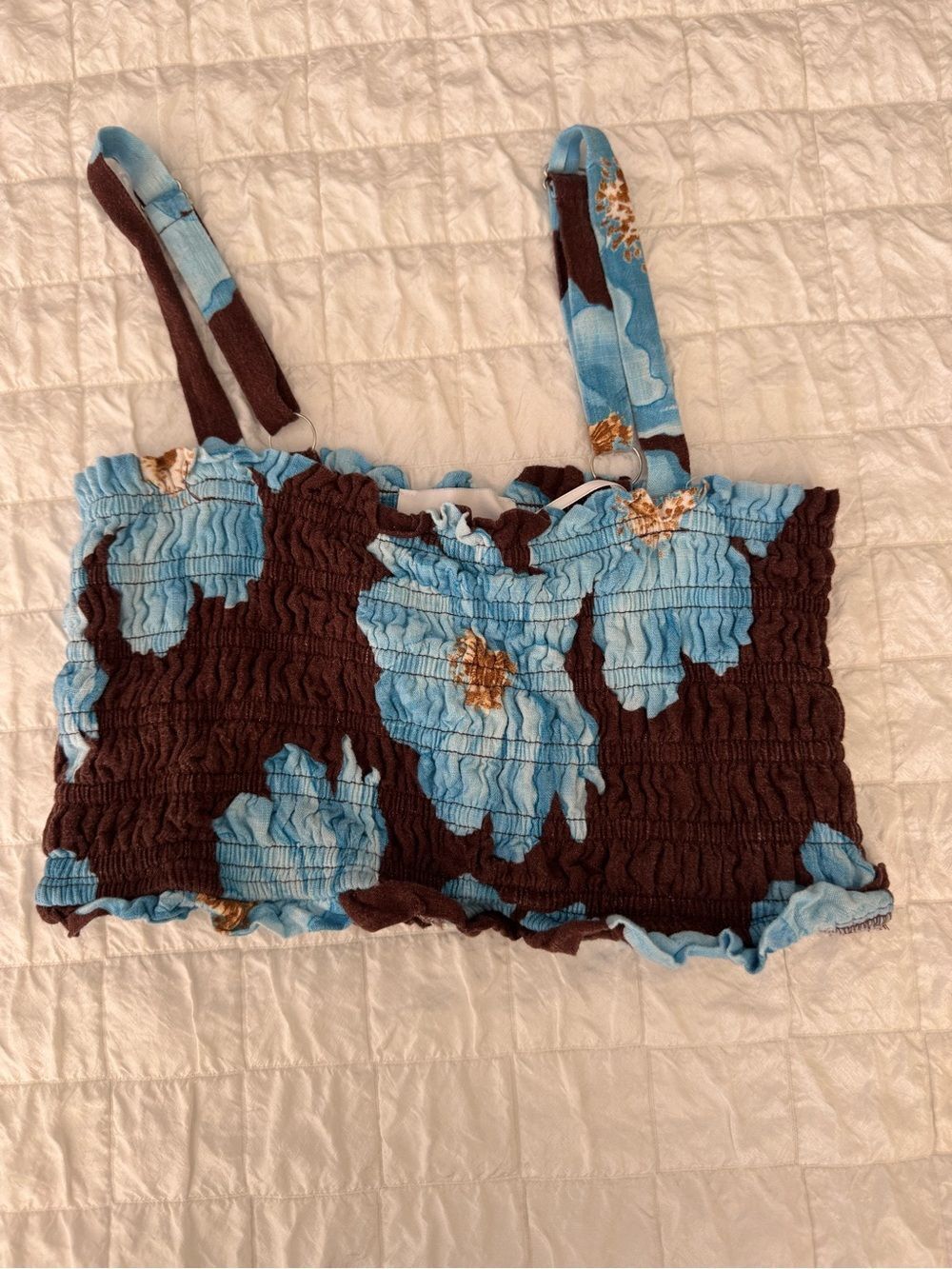 Paper Heart Floral Smocked Cropped Tube Top Blue Brown Sleeveless Tank Size L